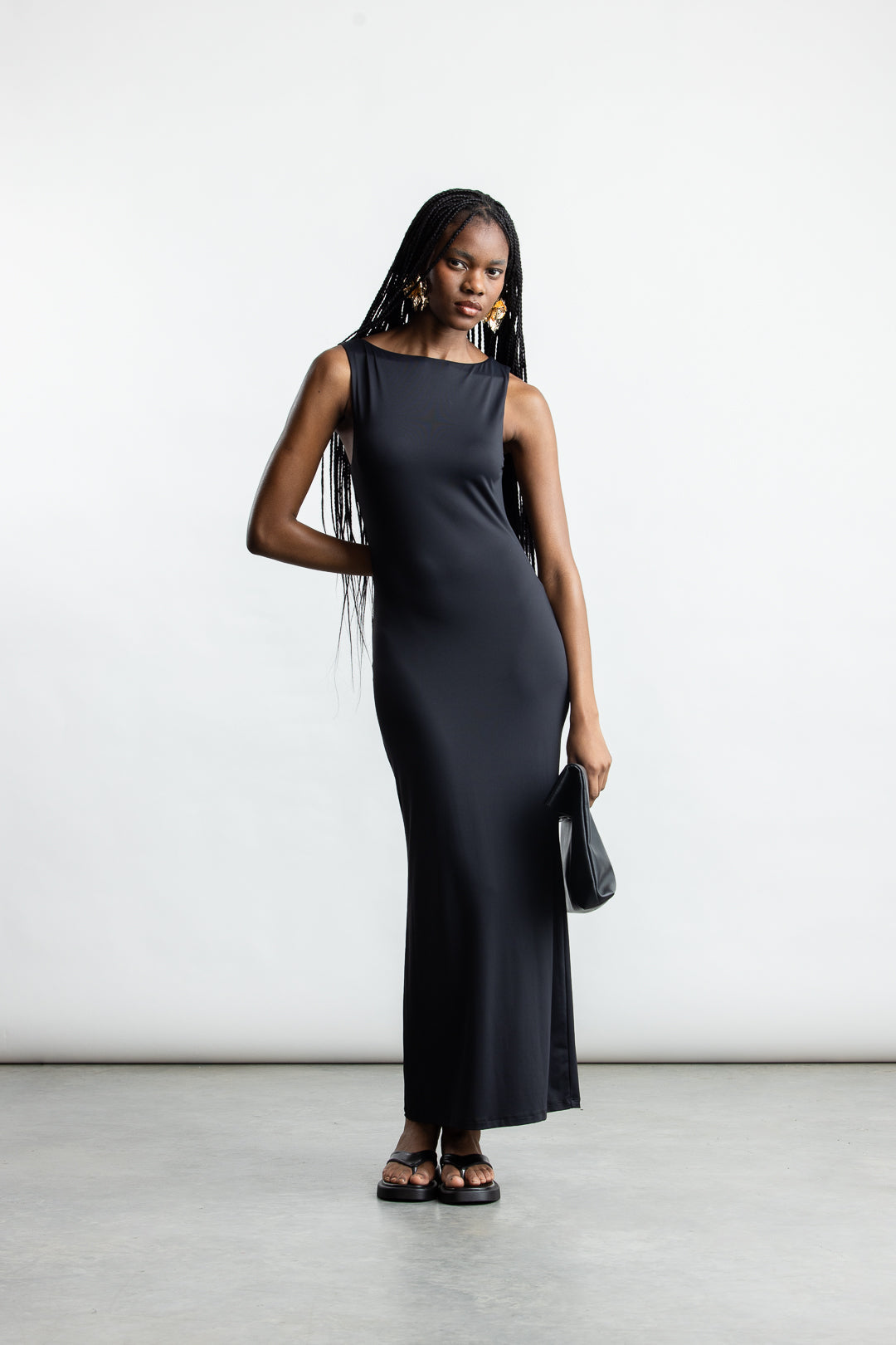 boat neckline black dress Satin Boat-Neck Twist-Back Maxi Dress in Black - XS main image 1
