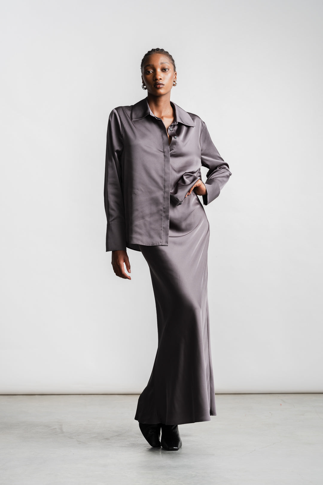 Charlie Classic Satin Shirt _ 157303 _ Charcoal