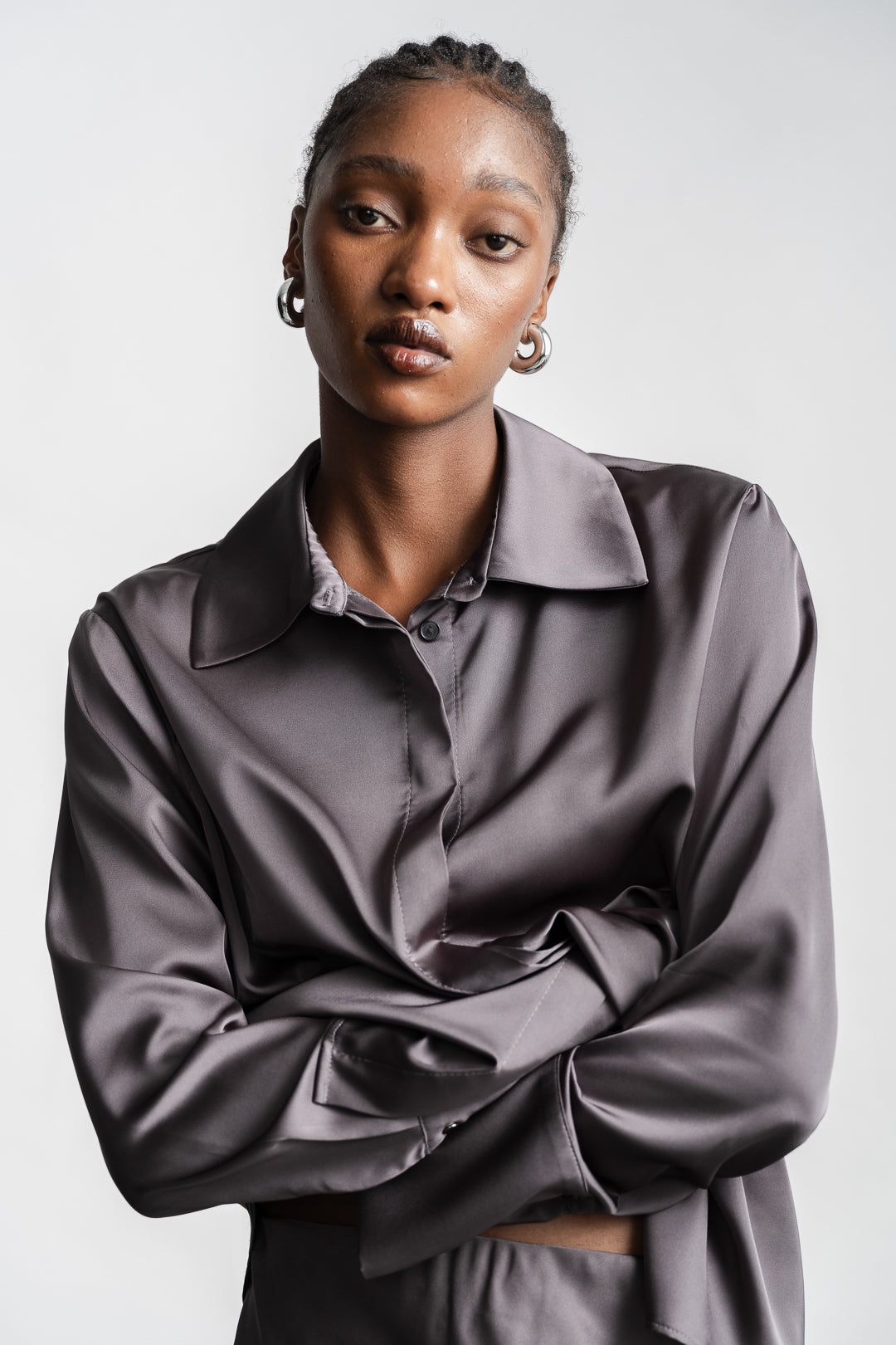 Charlie Classic Satin Shirt _ 157303 _ Charcoal