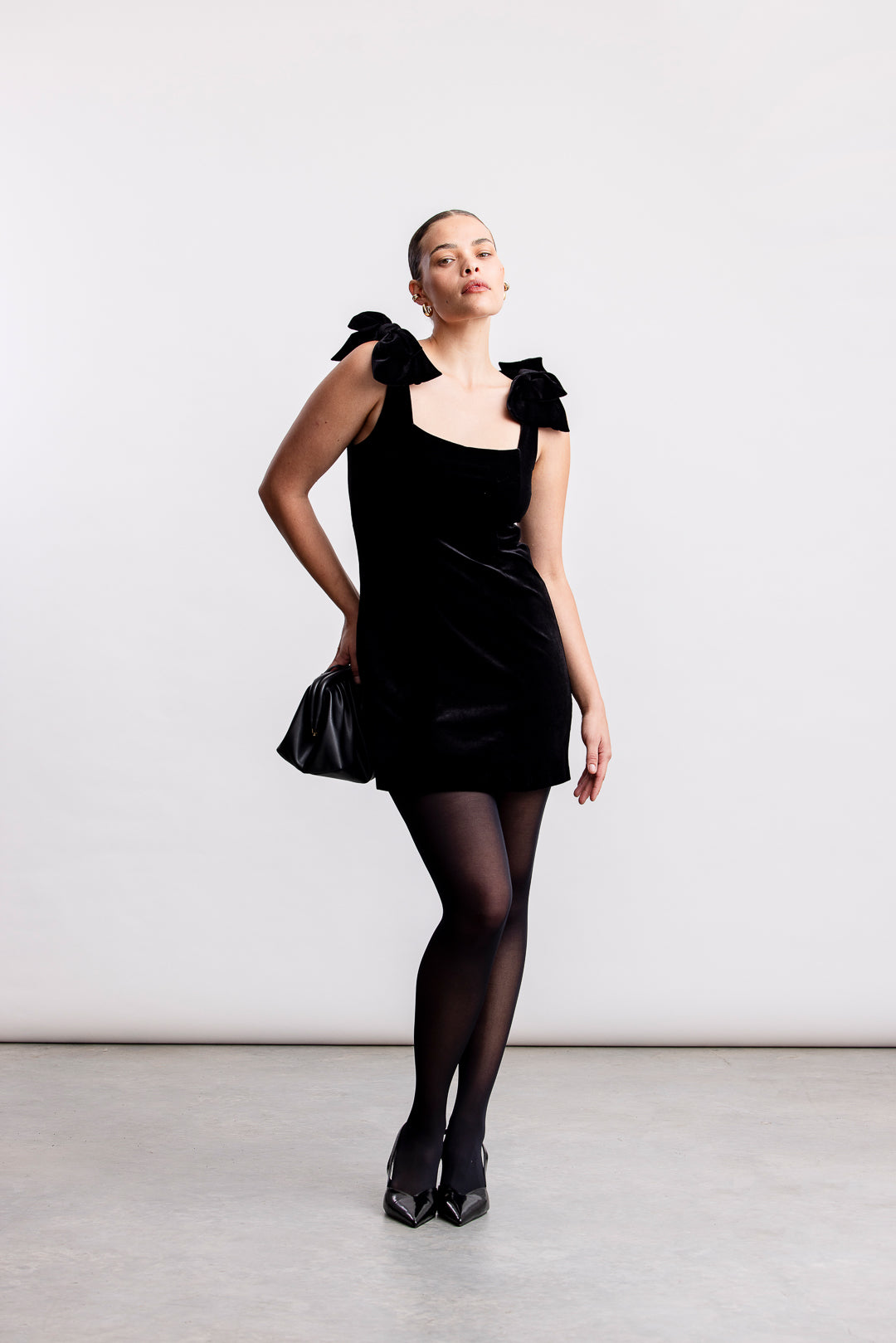 Kuli Velour Bow Mini Dress _ 162039 _ Black Texture