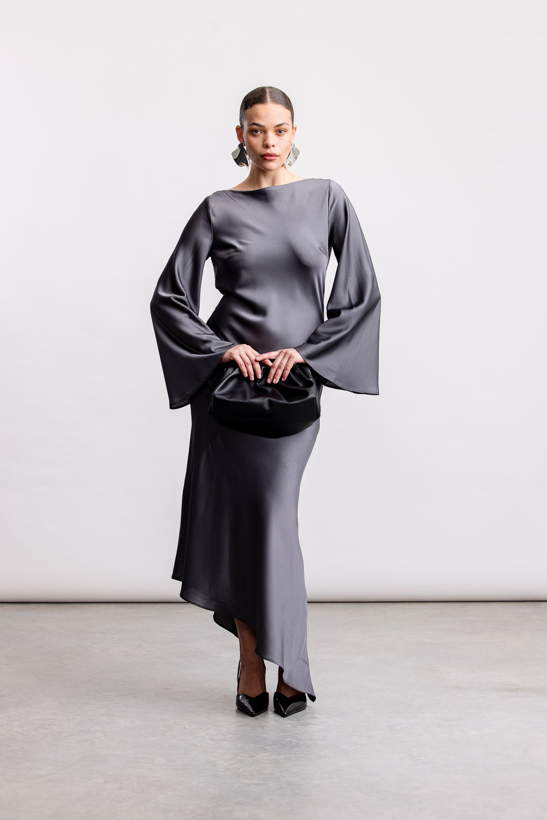 Jayla Satin Cowl Back Dress _ 163068 _ Charcoal