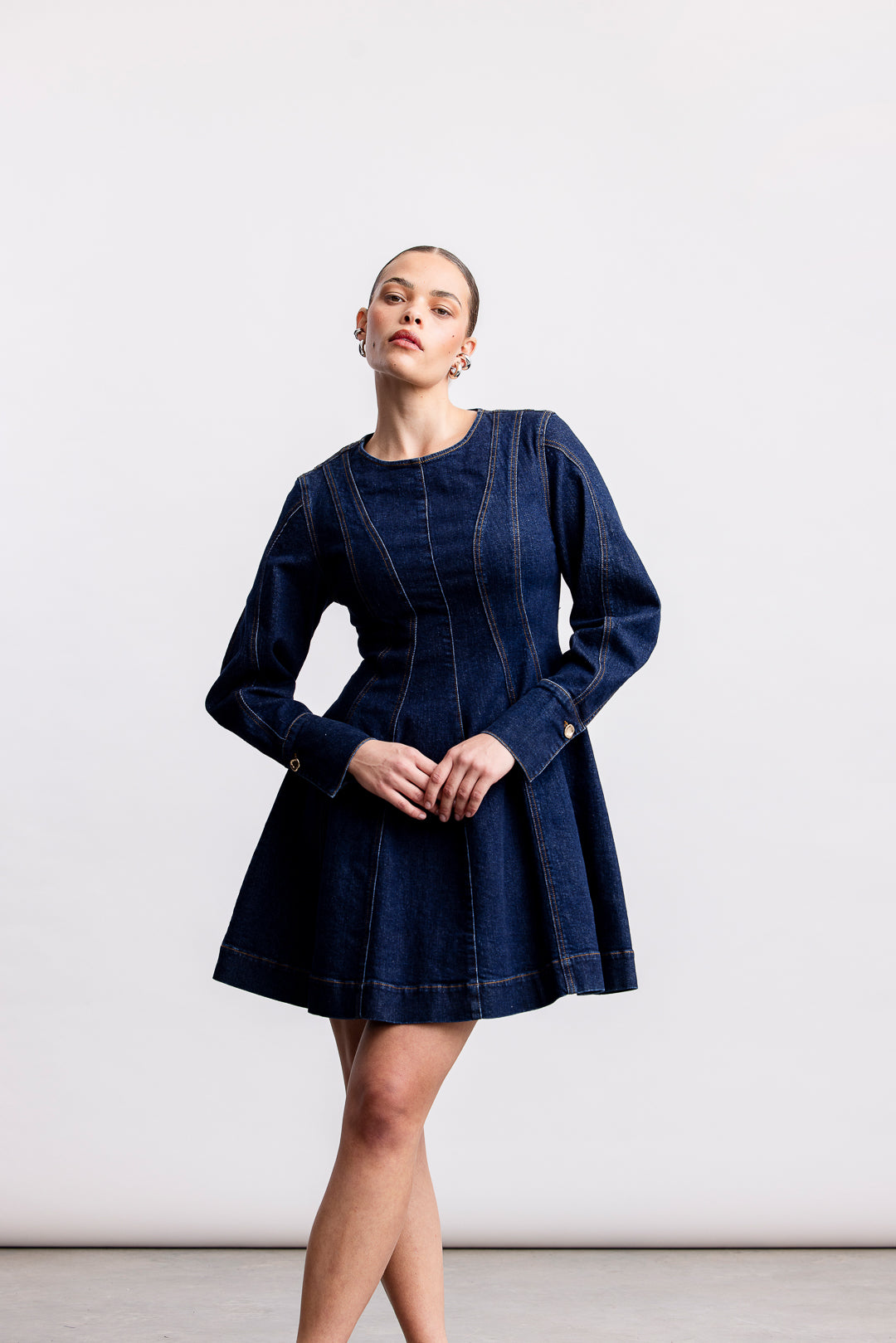 Avela Denim Fit Flare Mini Dress _ 163449 _ Dark Blue