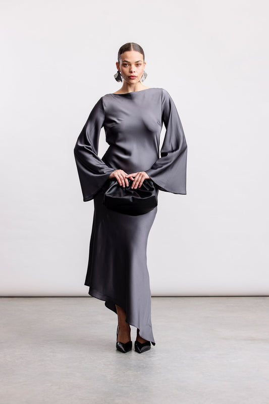 Jayla Satin Cowl Back Dress _ 163068 _ Charcoal