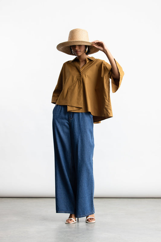 Khanitah Pleated Wide Leg Denim Jeans _ 165898 _ Blue Denim