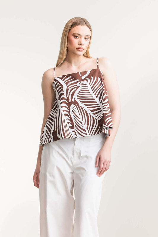 Jesca Cami Top featuring a breezy printed design, relaxed A-line cut, and adjustable shoulder straps for comfort.