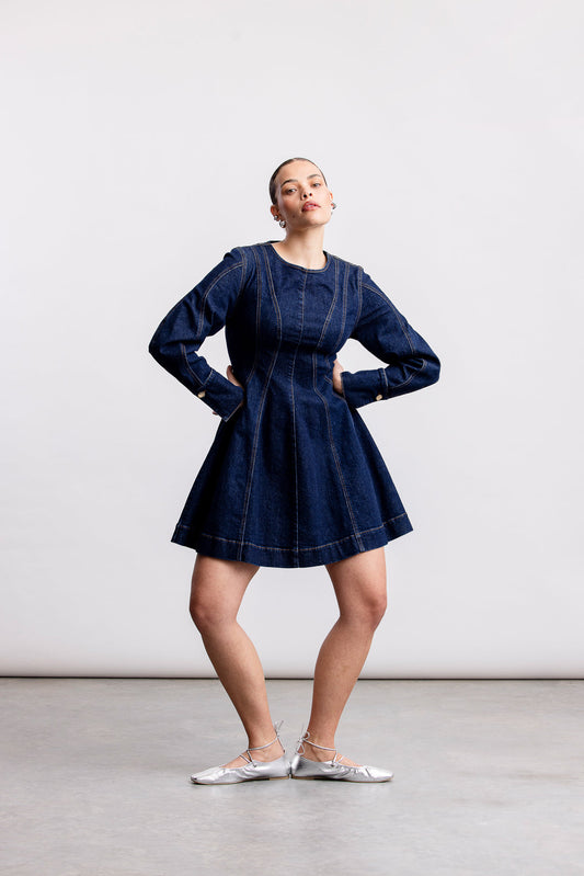 Avela Denim Fit  Flare Mini Dress _ 163449 _ Dark Blue