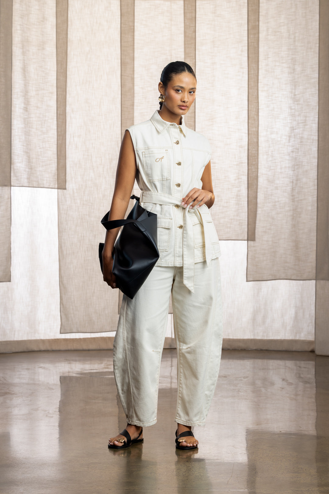 Elena Denim Sleeveless Belted Jacket