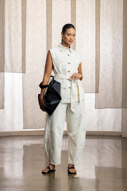Elena Denim Sleeveless Belted Jacket