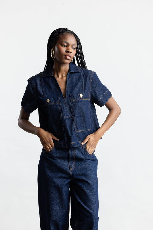 Ainsley Pop Over Denim Top _ 165867 _ Dark Blue