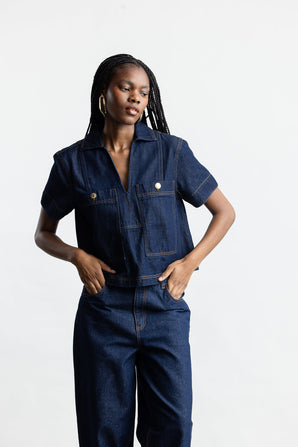 Ainsley Pop Over Denim Top _ 165867 _ Dark Blue