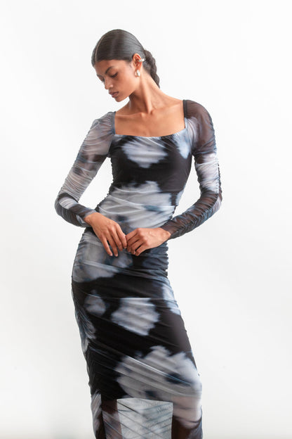 Remi Ruched Mesh Dress _ 157160 _ Black Texture