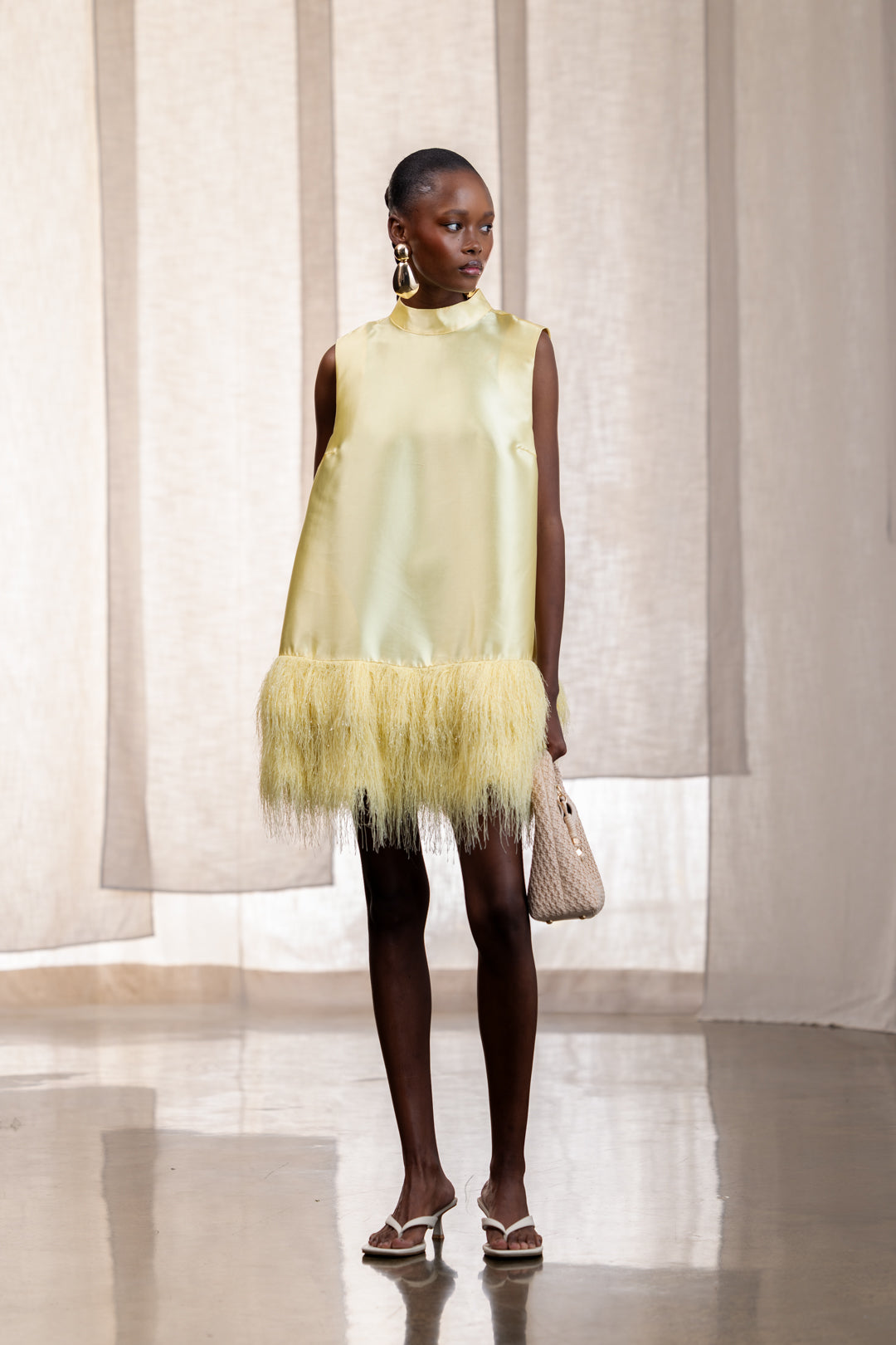 Calie Feather Hem A-Line Mini Dress