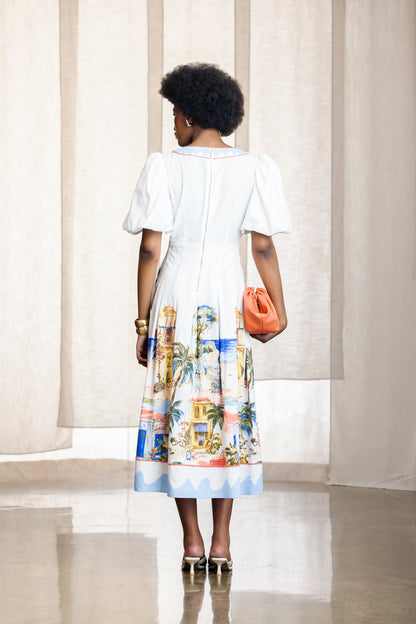 Solange Linen Puff Sleeve Midi Dress