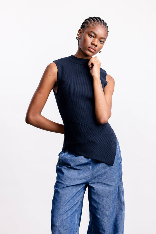 Ziphozihle Assymetric Rib Top _ 163123 _ Navy