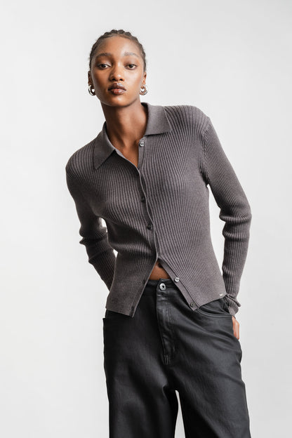 Adrianne Collared Cardi _ 161904 _ Grey Mel