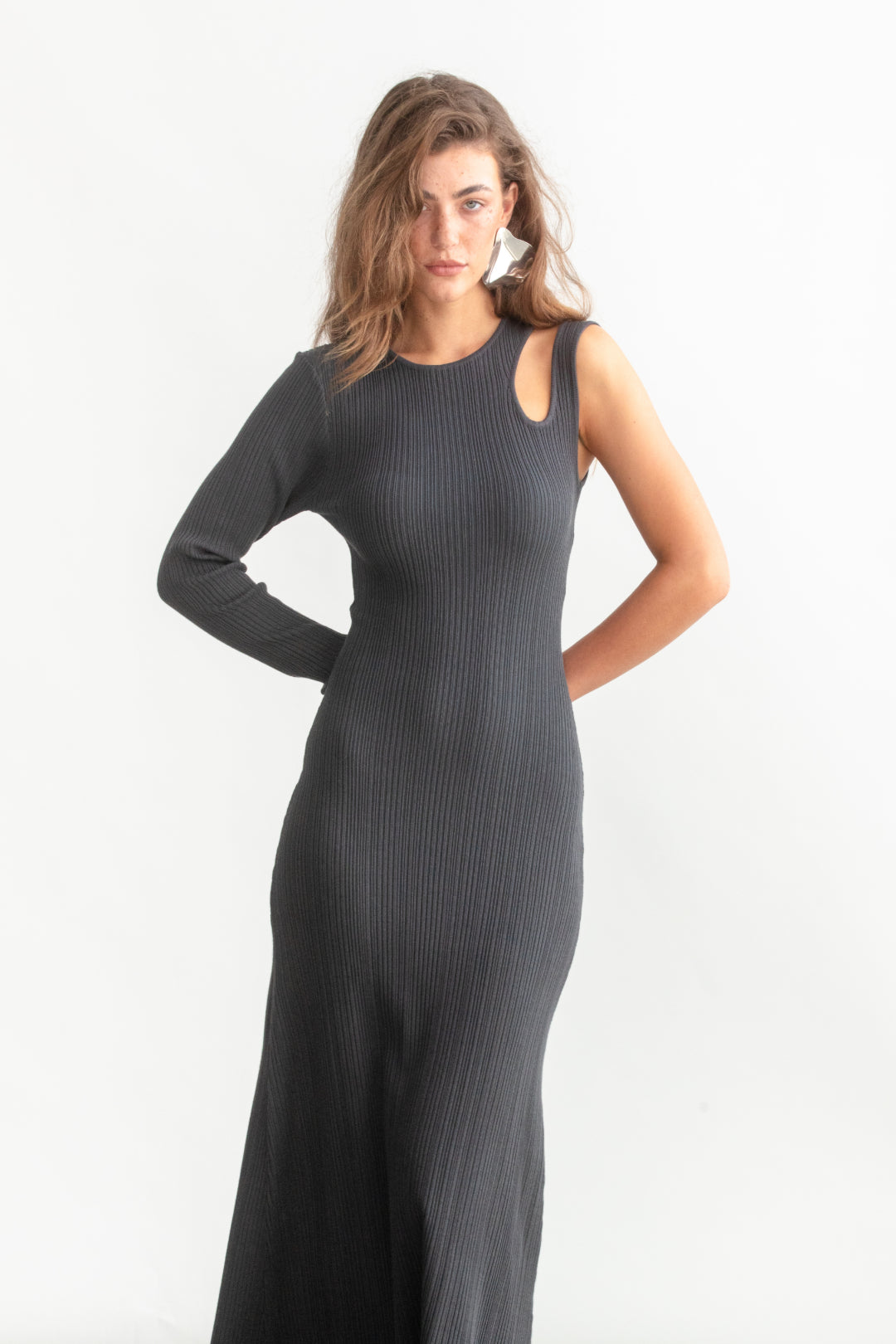 Bella One Shoulder Knit Dress _ 158800 _ Charcoal