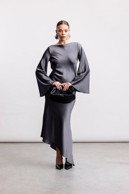 Jayla Satin Cowl Back Dress _ 163068 _ Charcoal