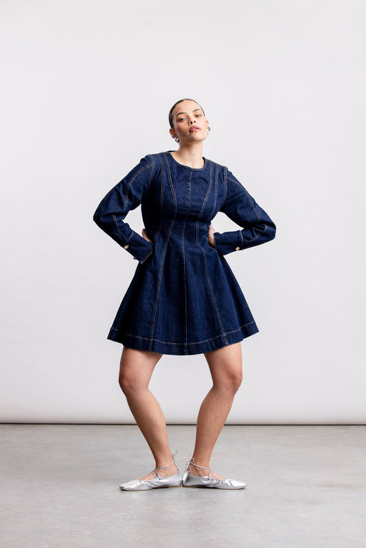 Avela Denim Fit  Flare Mini Dress _ 163449 _ Dark Blue