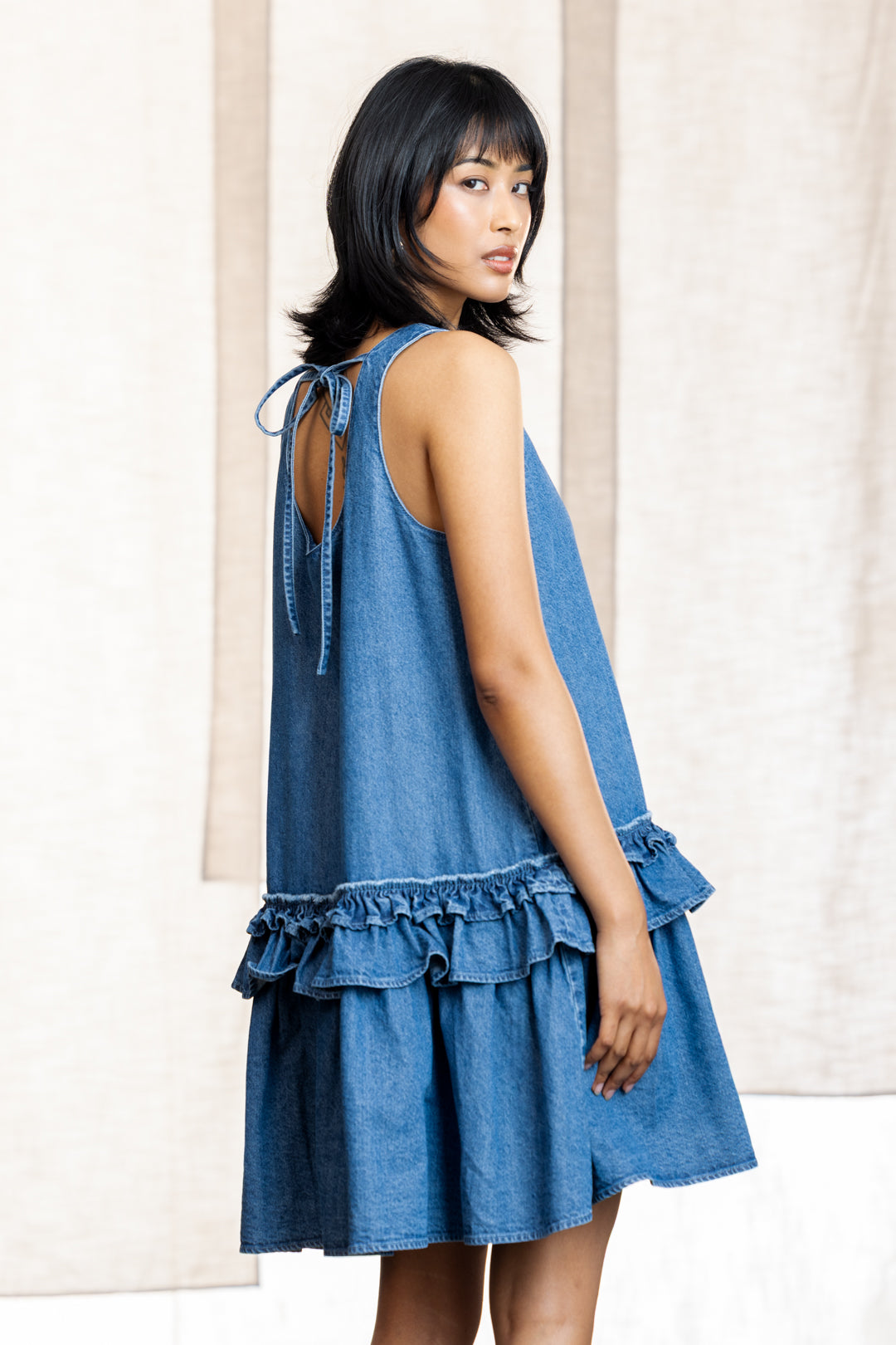 Beyoncé Denim Frill Detail Mini Dress