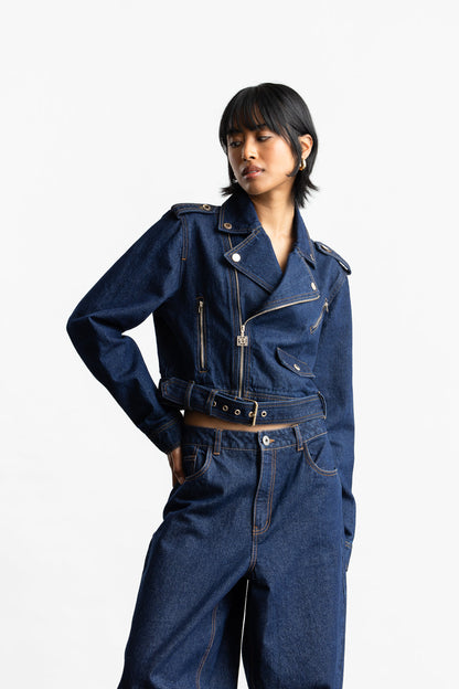 Ayla Denim Biker Jacket _ 167859 _ Dark Blue