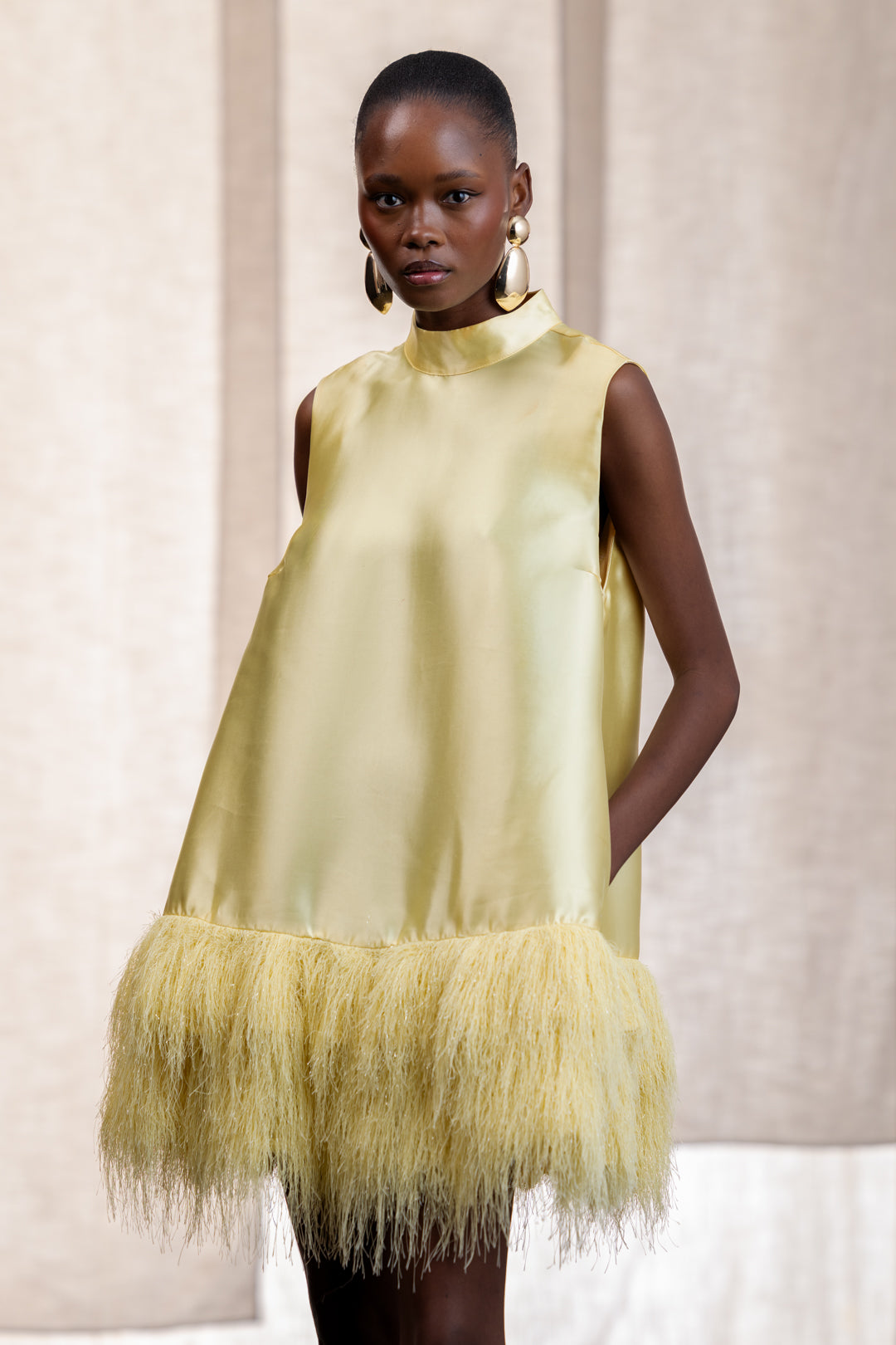 Calie Feather Hem A-Line Mini Dress