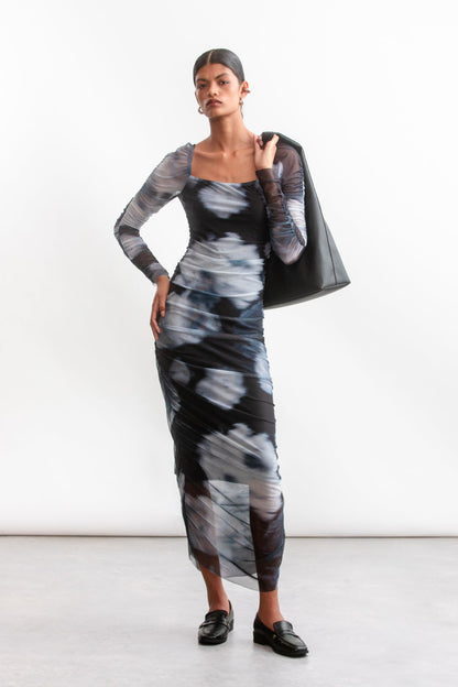 Remi Ruched Mesh Dress _ 157160 _ Black Texture