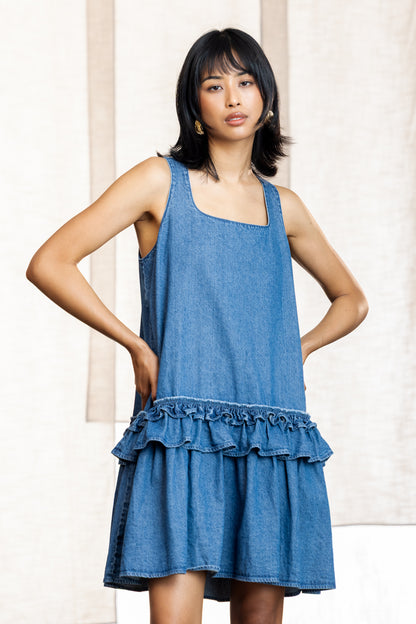 Beyoncé Denim Frill Detail Mini Dress