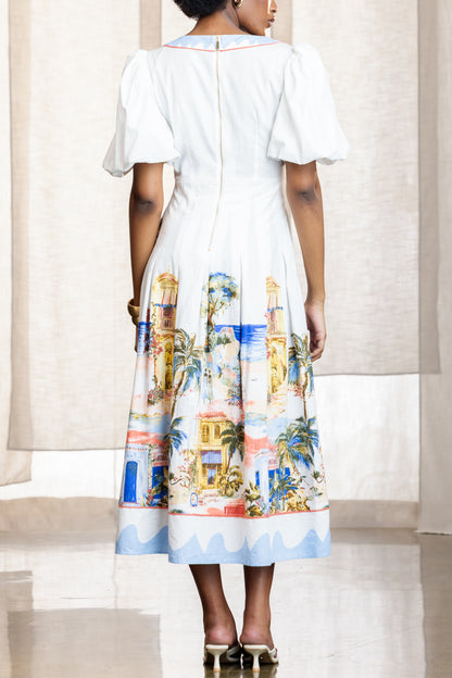 Solange Linen Puff Sleeve Midi Dress